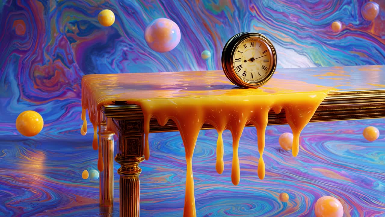 A Surreal Scene of Time Melting: A Close-up View of a Dripping Clock on a Colorful, Abstract Background with Floating Spheres Capturing the Essence of Fluid Reality