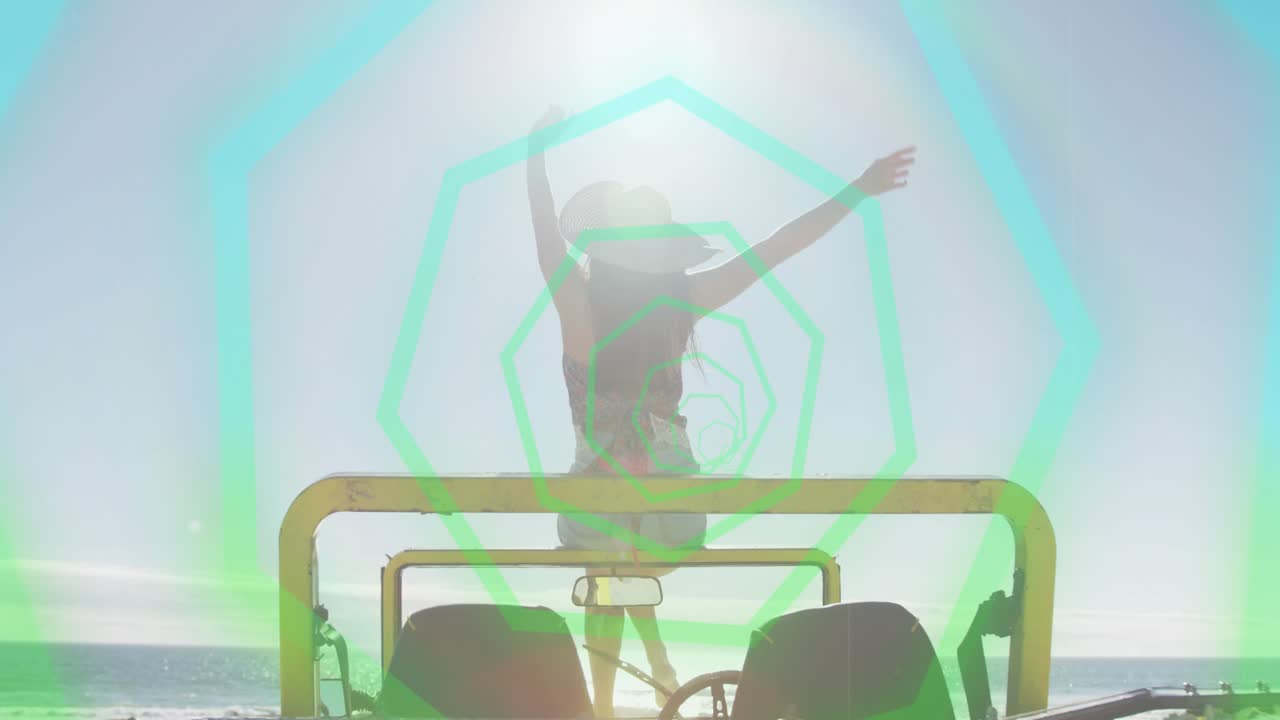Woman standing on yellow rollbar, shifting and raising arms, causing teal hex spinning for travel