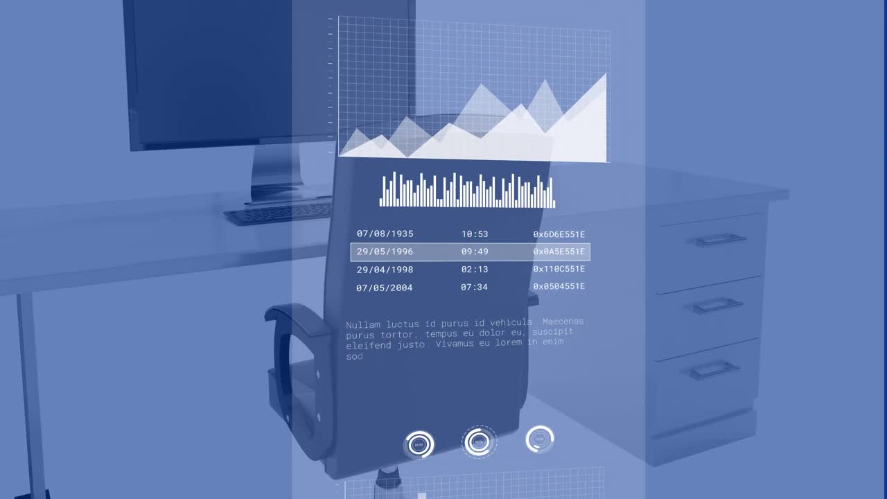 빈 사무실의 책상 위에 있는 컴퓨터에서 데이터를 처리하는  차트와 그래프