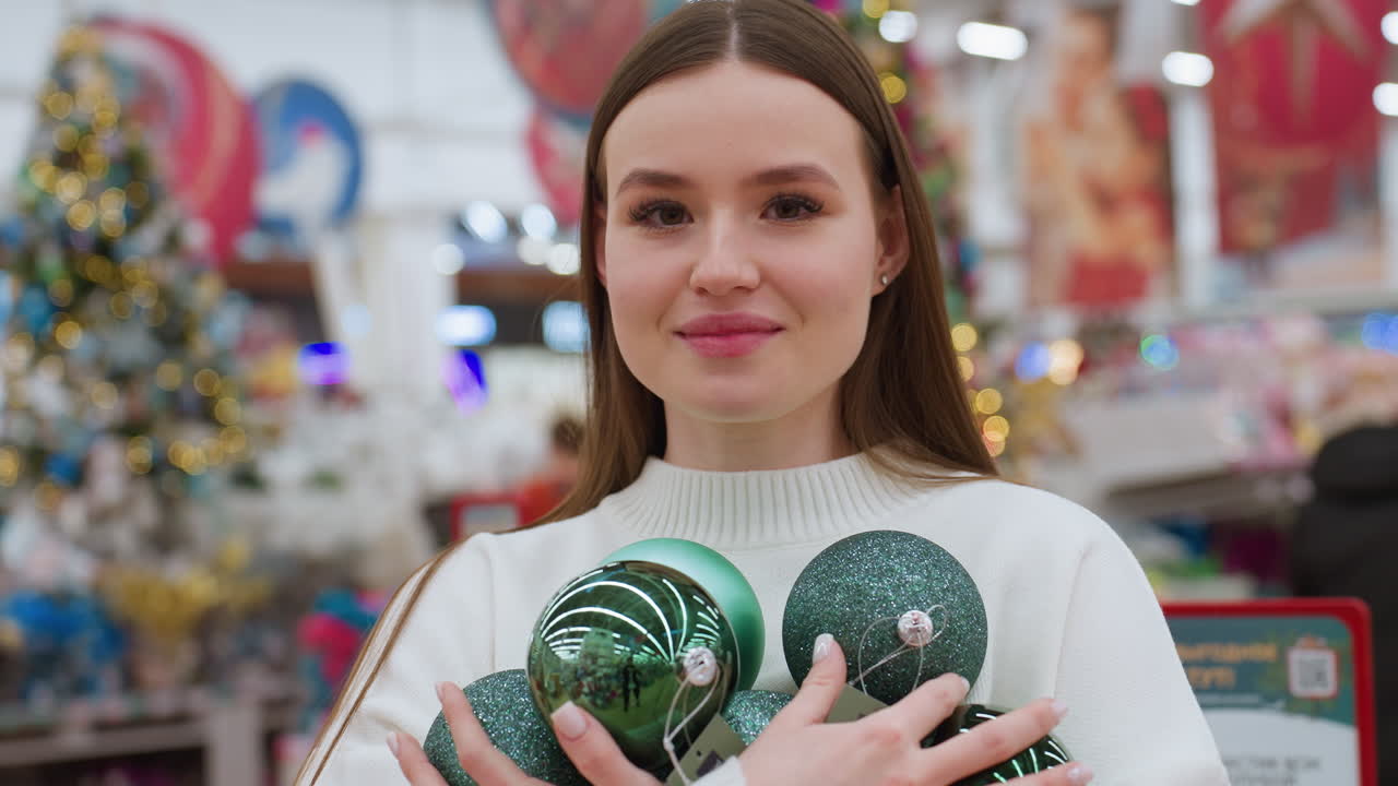 Jonge dame draagt prachtige glinsterende ornamenten, glimlachend in bewondering, omringd door een levendige decorwinkel met een vage achtergrond en knipperende decoratieve lichtjes, vol feestelijke sfeer