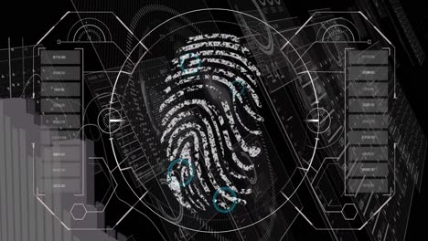 Animation of financial data processing and biometric fingerprint over black background