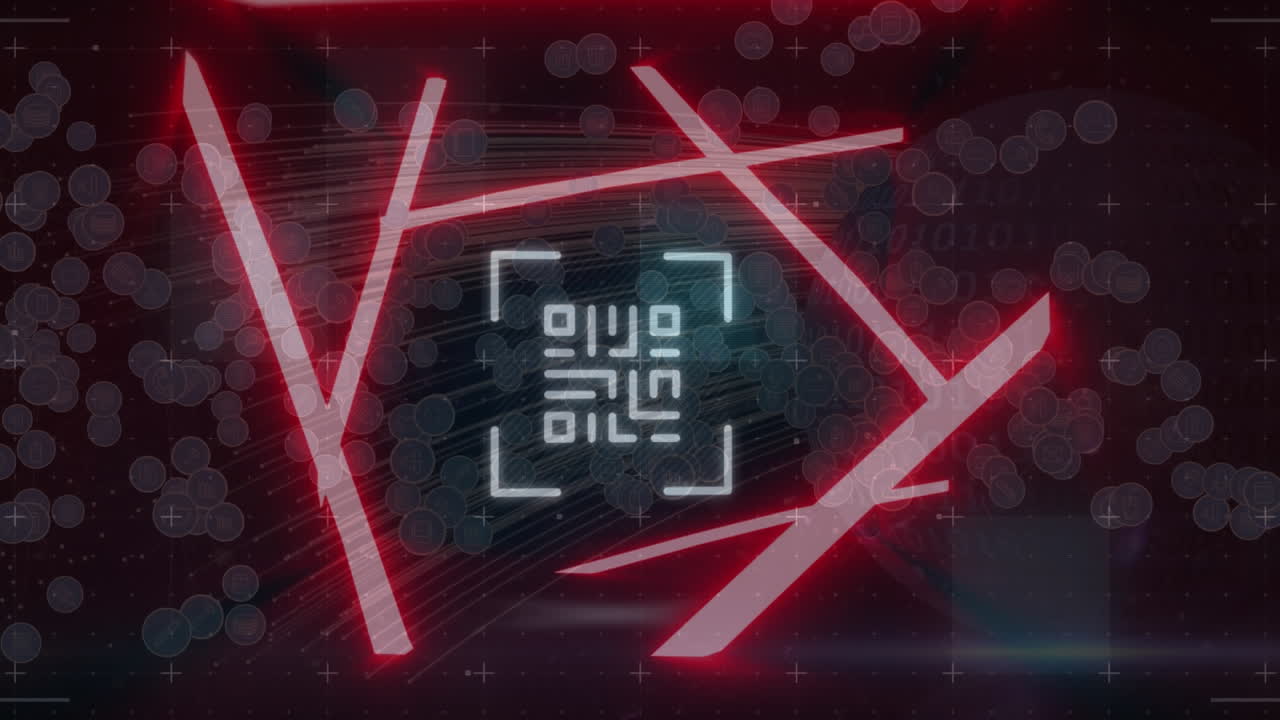 animación del código qr con líneas de neón y procesamiento de datos en fondo negro.