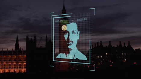 animación de fotos biométricas y procesamiento de datos sobre el paisaje urbano de londres.