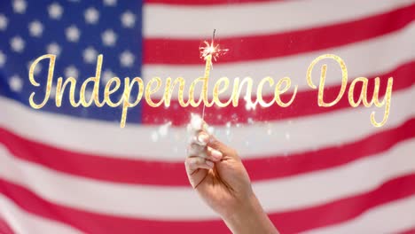 animation of 4th of july independence day text over sparkler and flag of united states of america