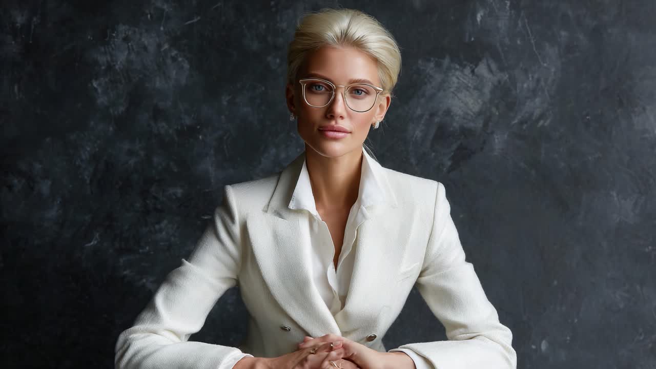 Captivating Portrait of a Confident Woman in Stylish White Attire Showcasing Elegance, Poise, and Professionalism Against a Dark Background