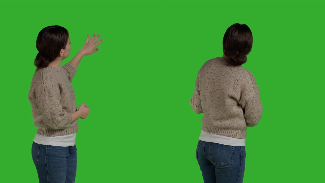 Woman gesturing on green screen