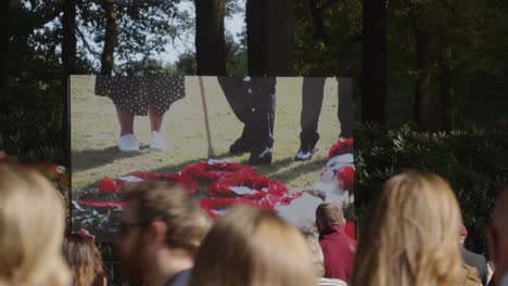 crowd gathered at oosterbeek war cemetery watching a large screen display of live military memorial ceremony, commemorating fallen soldiers. location: oosterbeek, gelderland, netherlands