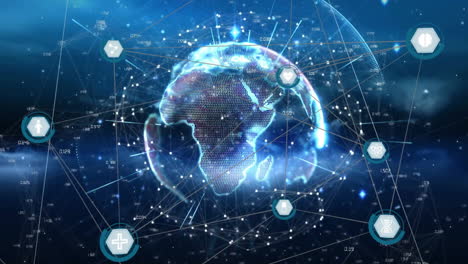 animación de la tierra digital con conexiones de red y procesamiento de datos