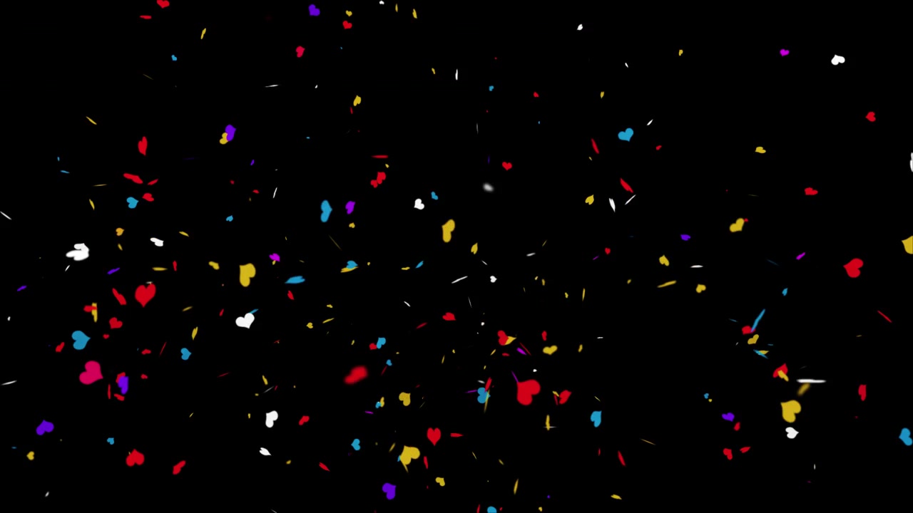 Esplosioni realistiche di coriandoli multicolore da popper, in caduta con effetto sparo, schermo verde alfa