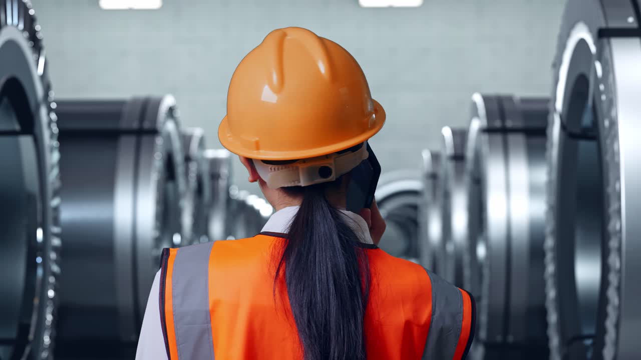 vista de atrás de una ingeniera asiática con casco de seguridad hablando en un teléfono inteligente mientras está de pie en una fábrica de metal