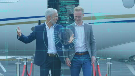 animation of data processing and round scanner over two caucasian businessmen discussing at airport