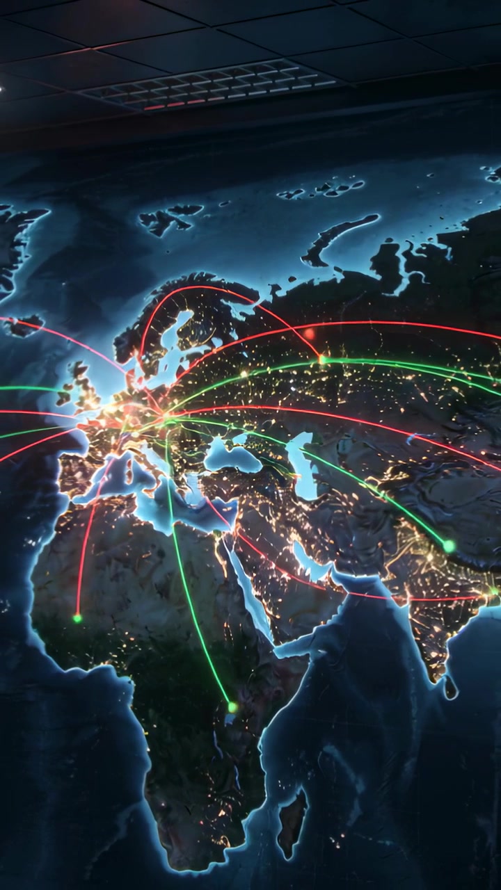 Vertical video: Pulsing central hub on map emitting red and green arcs at exhibit, showing links