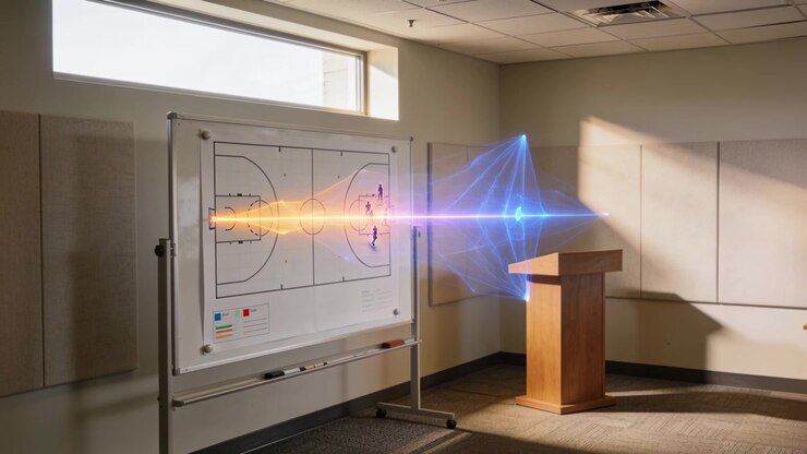 Beaming whiteboard as glows rising sending orange-blue beam toward podium, tactics, copy space