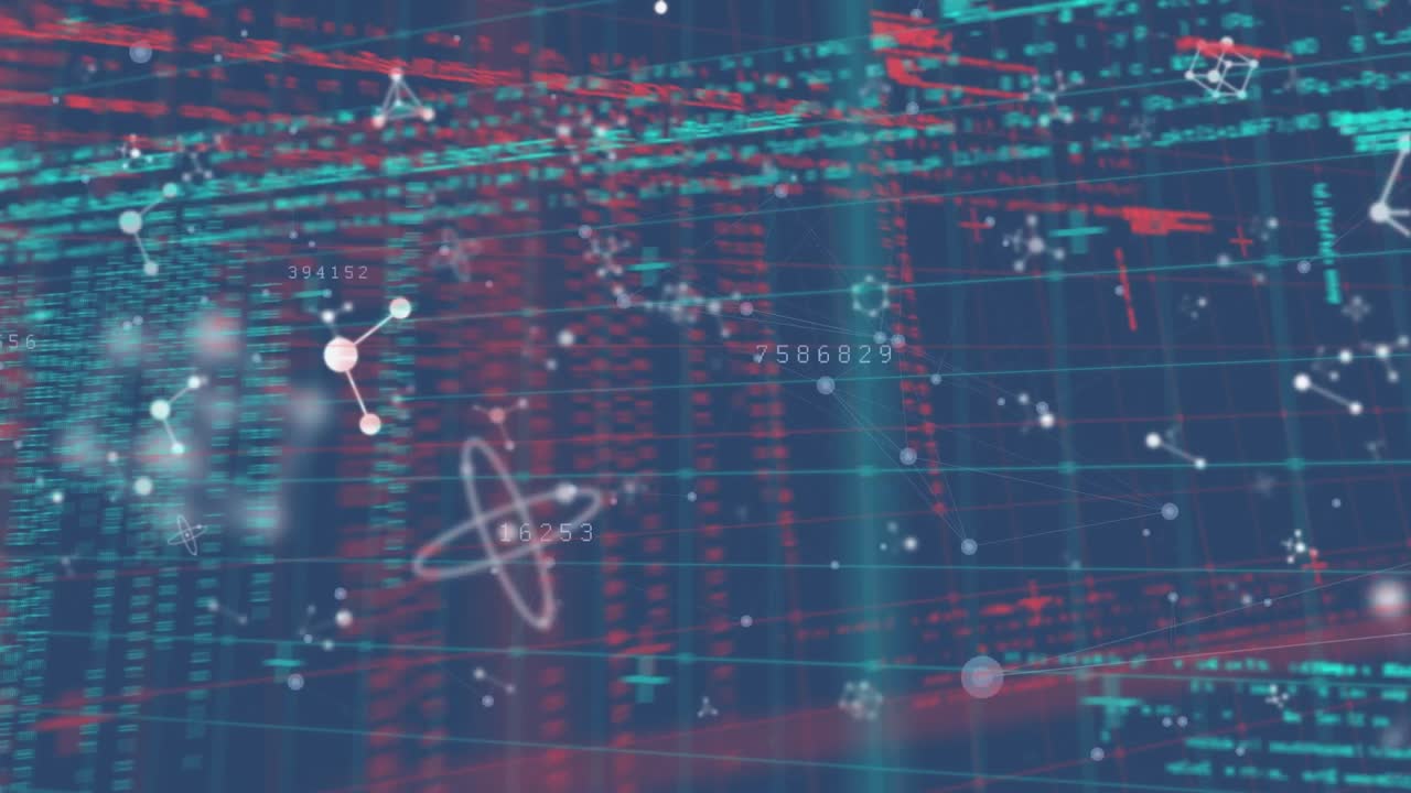 Animation of molecules over data processing on black background
