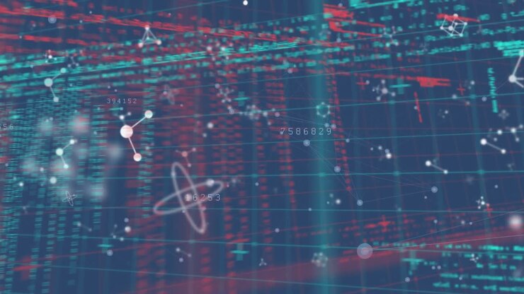 Animation of molecules over data processing on black background