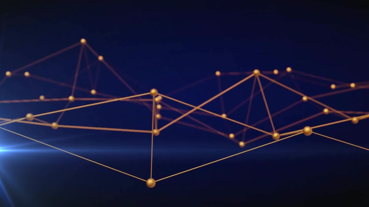 Bluish flare appearing at left edge activating gold nodes linking pulsing mesh showing data flow