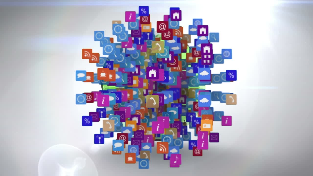 animación de iconos de redes sociales que forman un globo sobre un fondo blanco