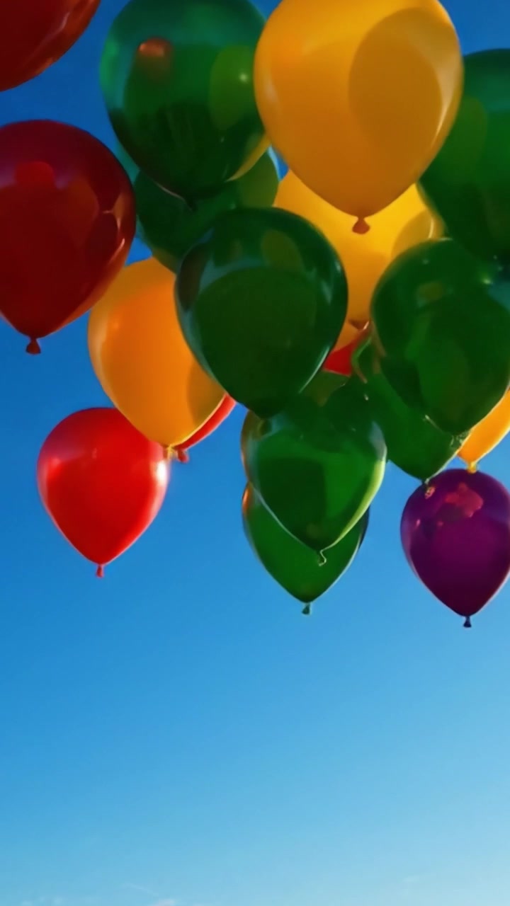 Palloncini colorati che fluttuano contro un cielo azzurro limpido: uno spettacolo vibrante di gioia e celebrazione catturato in due inquadrature