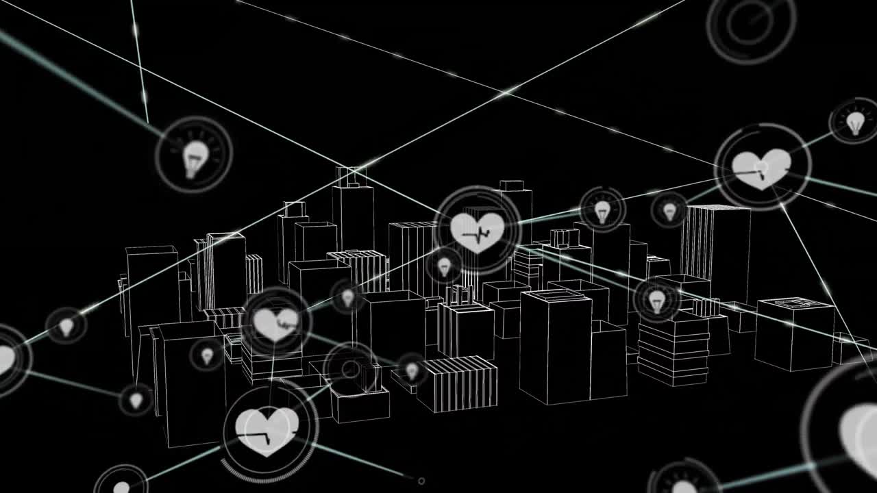 Animation of network of connections with icons over 3d city drawing on black background