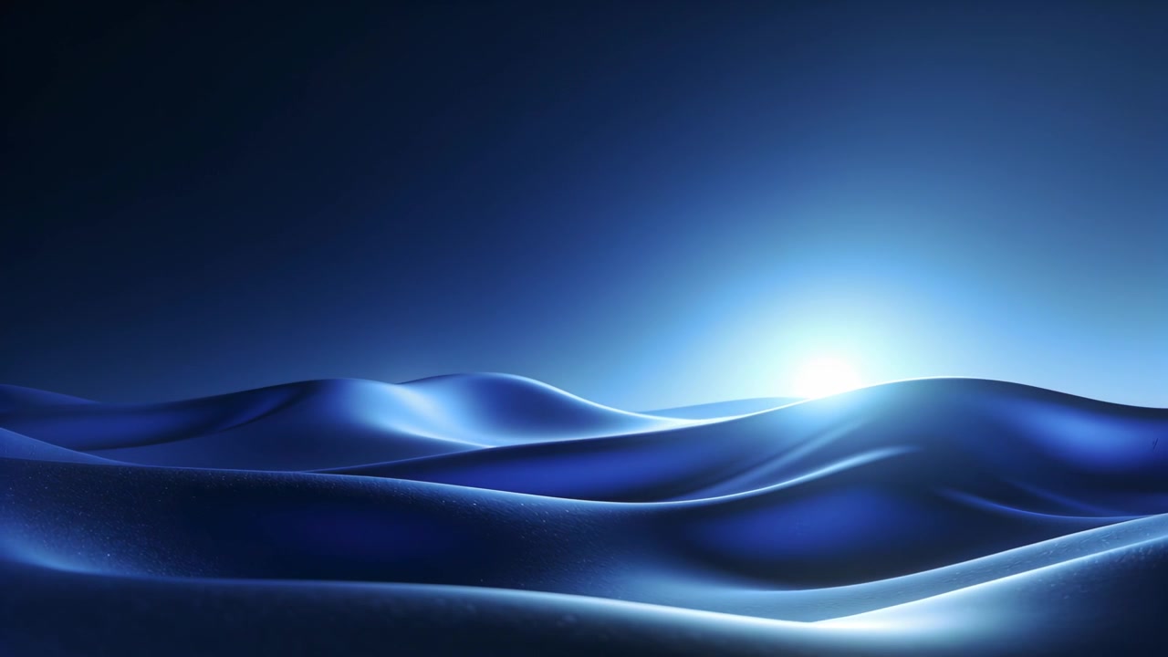 Rising horizon glow revealing highlights on central blue dunes in CGI scene suggesting sunrise