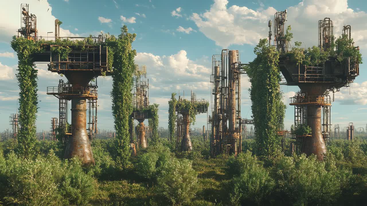 Abandoned Industrial Complex Overgrown with Vegetation