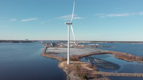 aerial view of wind turbine at the water