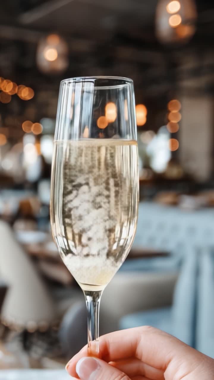 Eleganti flûte da champagne con bollicine scintillanti e una rinfrescante bevanda dorata, ambientate in un ambiente da pranzo di lusso delicatamente illuminato, perfette per le celebrazioni.