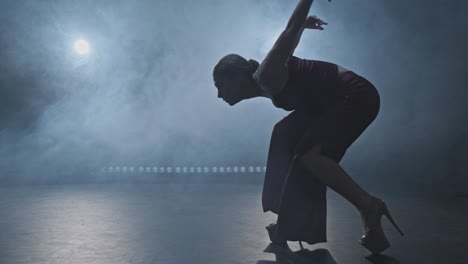 graceful female dancing in studio with smoke and spotlight. silhouette of woman