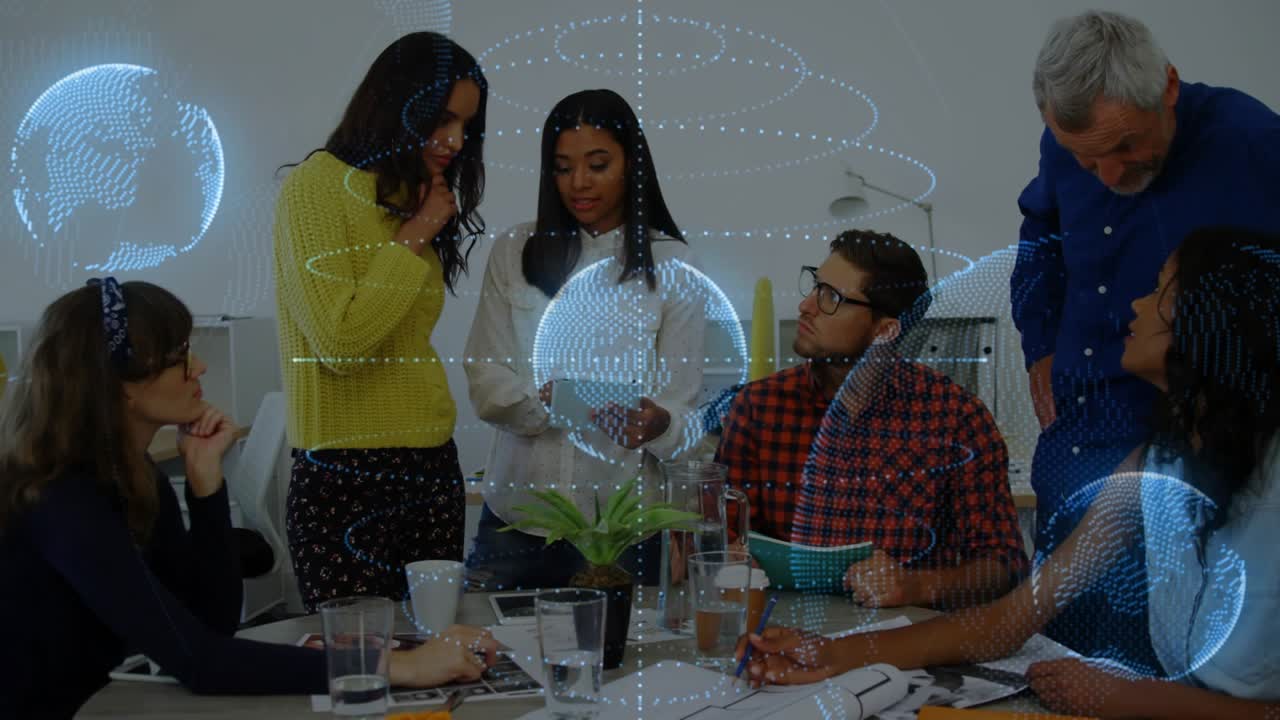 Lead tapping device for business planning, team noting while blue data globe aligning with group