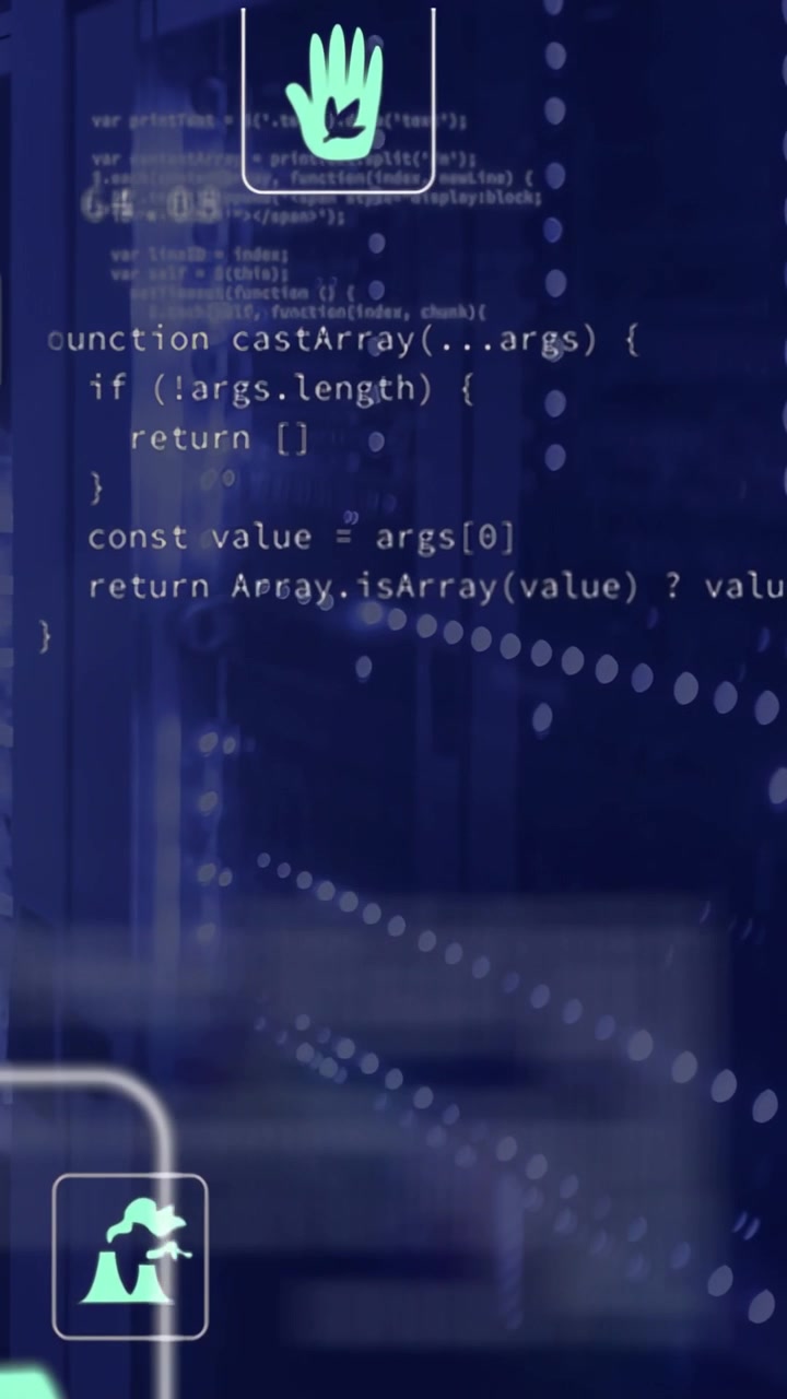 Vertical video: Rack LEDs pulsing in IT lab, hand icon initiating UI, code scrolling showing status