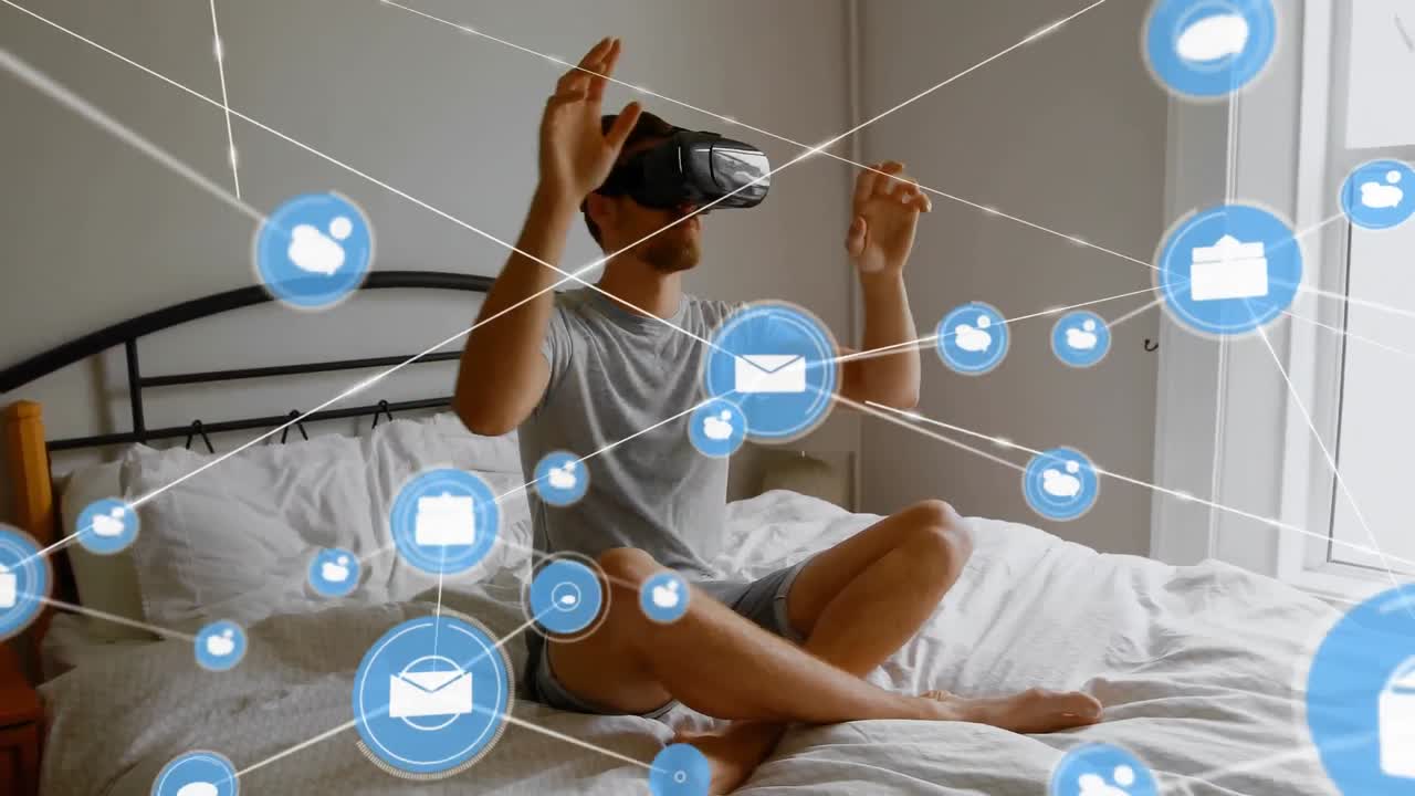animación de la red de conexiones con iconos sobre el hombre que usa auriculares vr