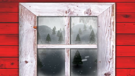 animation of snow falling and christmas winter scenery seen through window