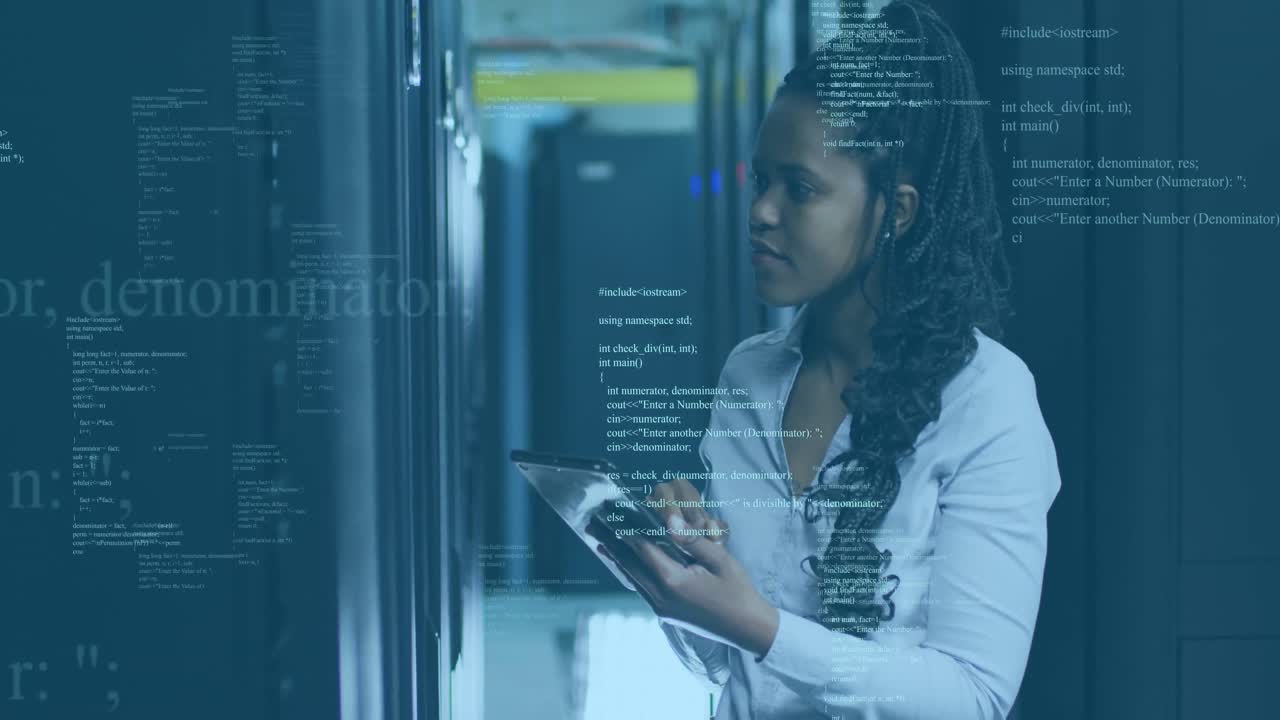 Animation of data processing against african american female engineer using tablet at server room