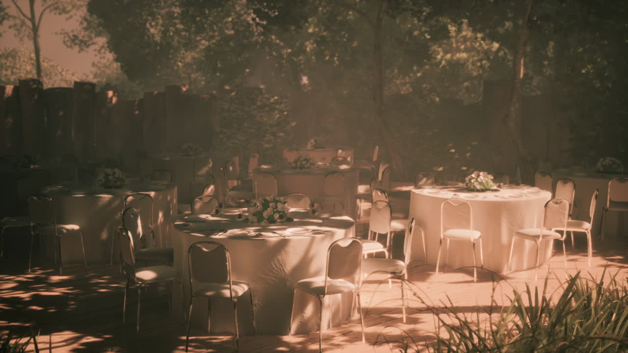 Elegant outdoor venue set up for a wedding reception in beautiful surroundings