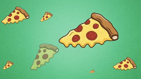 animación de varios iconos de pizza sobre un fondo verde