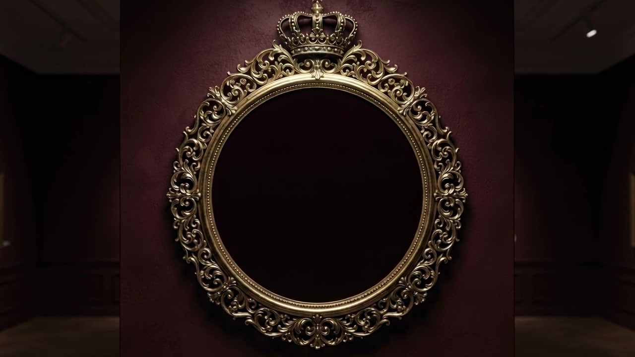 Telecamera in movimento che inquadra una cornice dorata in una galleria, mentre inizia un lento avvicinamento che rivela un ornamento a corona.