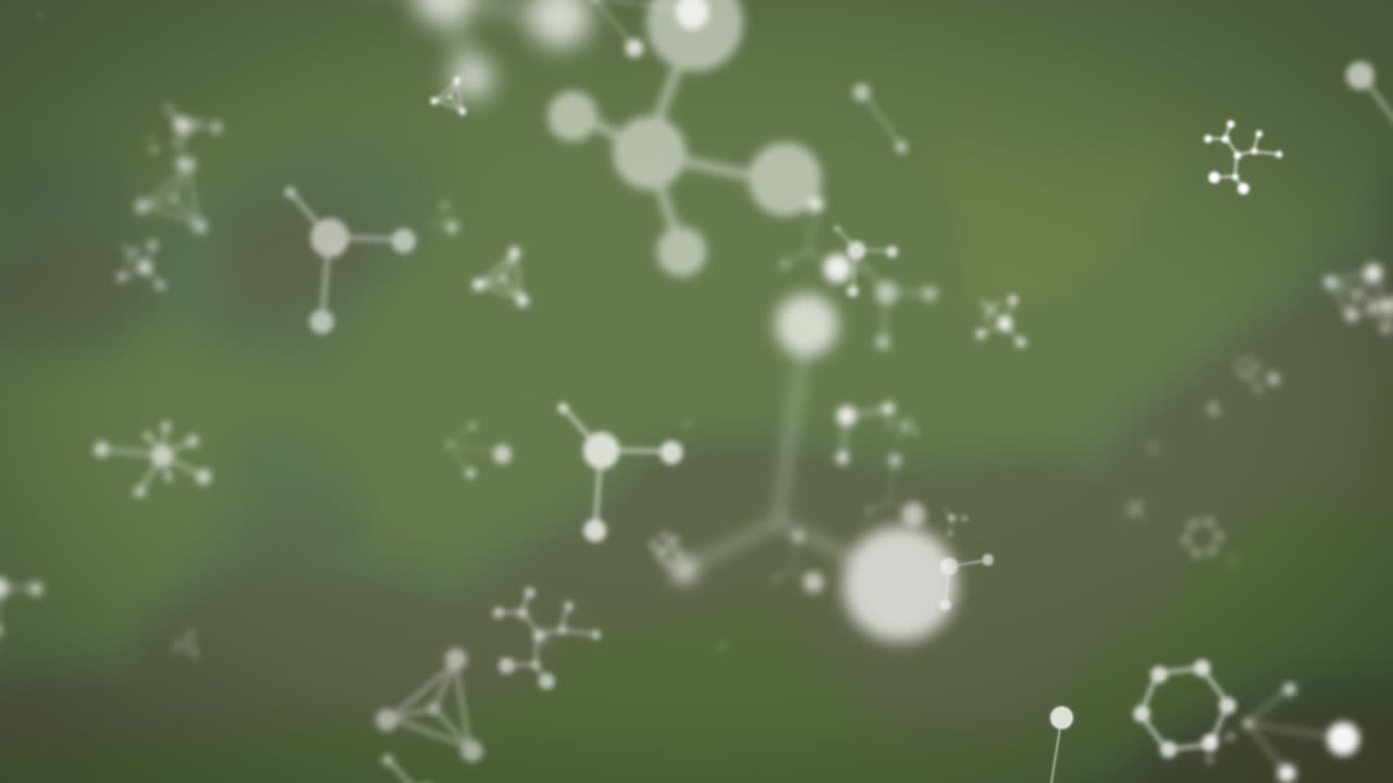 animación de moléculas blancas que se mueven sobre un fondo verde