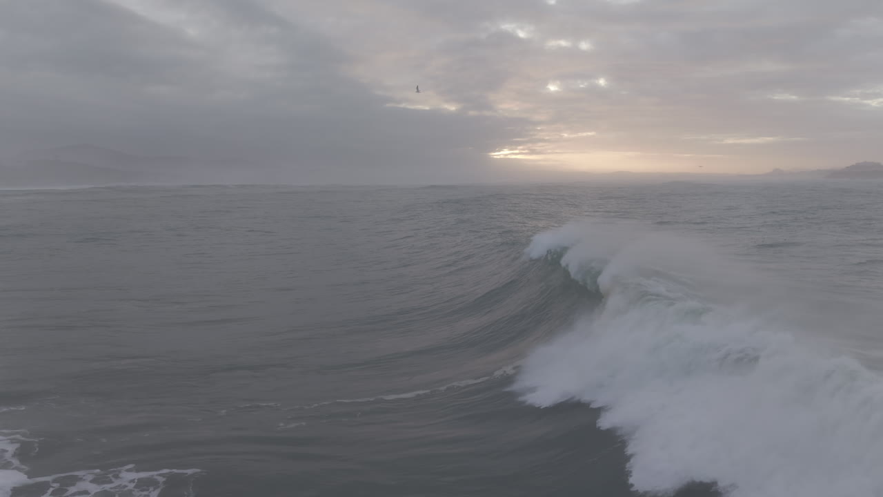 Aerial View of Surfers Waiting for a Large Ocean Wave at Sunrise