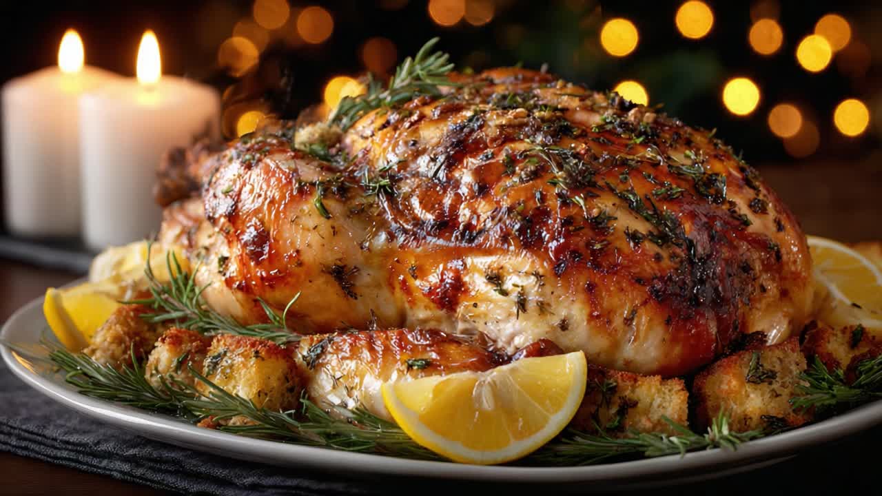 Deliciously Roasted Turkey with Herbs, Lemon, and Savory Stuffing, Surrounded by Warm Candles for a Cozy Holiday Meal Experience