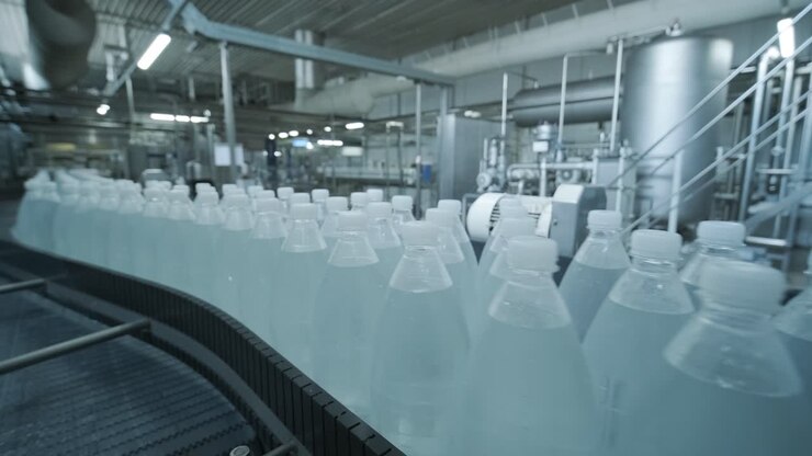 Conveyor belt with bottles of drinking water at a modern beverage plant