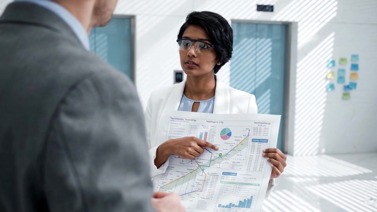 Professional Woman Presenting Data Insights with Graphs and Charts in a Modern Office Environment Focused on Clear Communication and Engagement with Audience