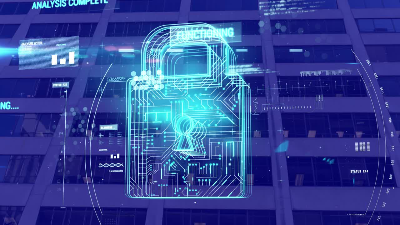Animation of online security padlock and data processing over purple modern building background