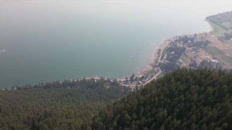 hermosa vista del lago brumoso rodeado de montañas y bosques bajo un cielo nublado
