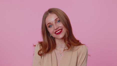 Positive-businesswoman-girl-showing-ok-gesture,-like-sign-positive-something-good-on-pink-background