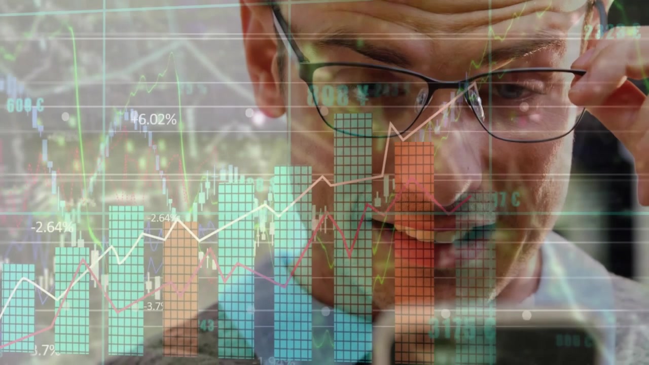 Animation of statistical and financial data processing over caucasian man using smartphone