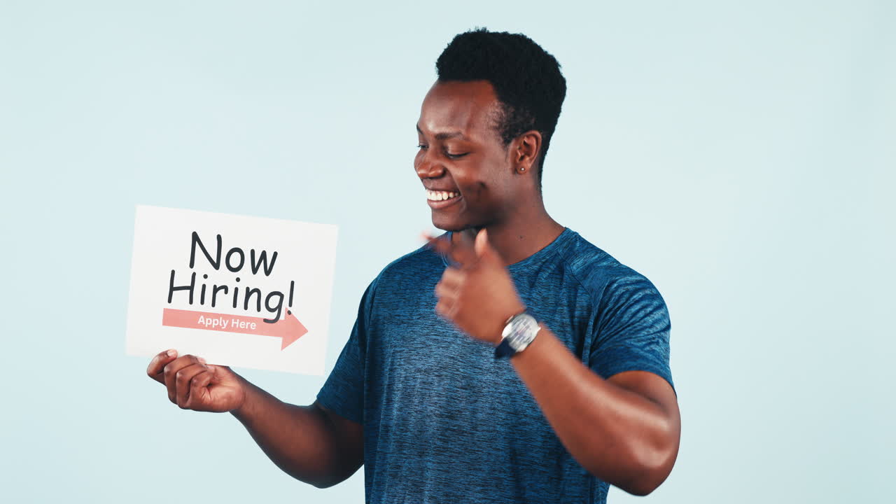 Happy black man, fitness and hiring sign for job