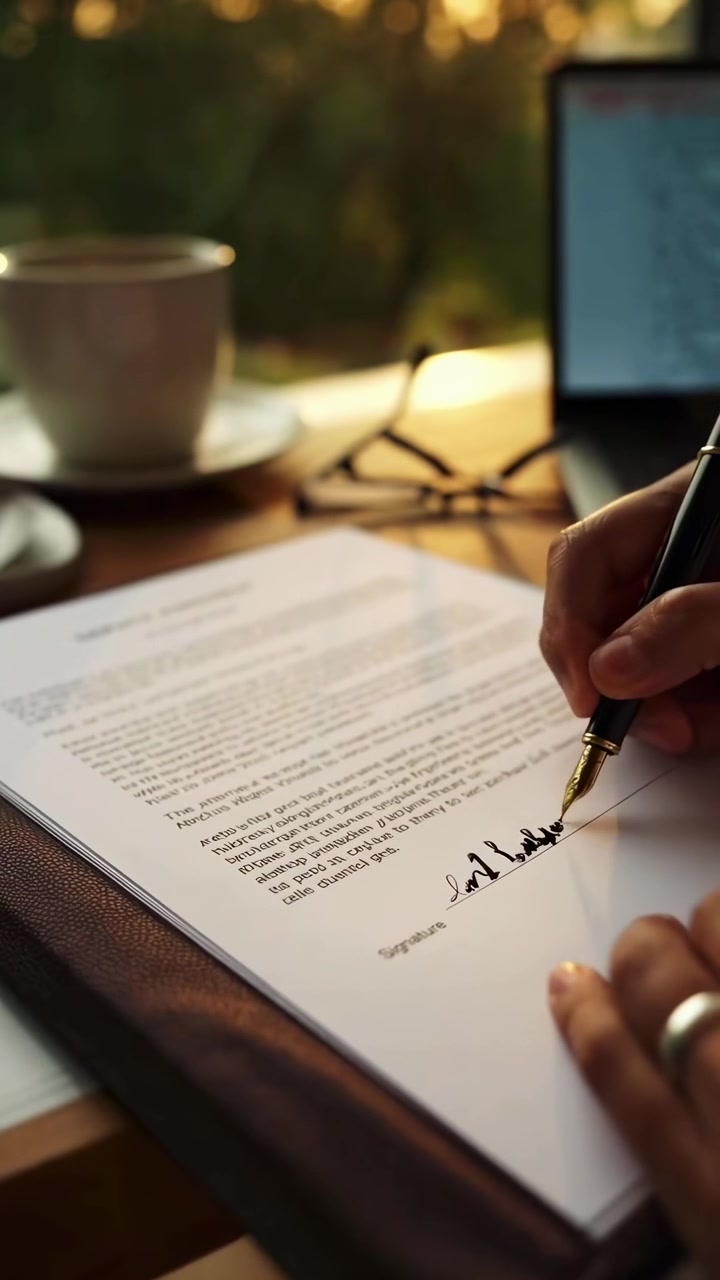 Persona che firma un documento legale a una scrivania.