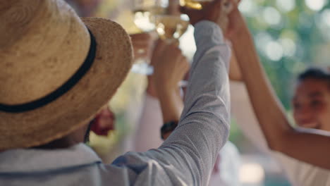 Glückliche-Frau,-Die-Mit-Freunden-Auf-Einer-Sommertanzparty-Tanzt,-Wein-Trinkt-Und-Toast-Macht,-Das-Gesellige-Beisammensein-Im-Sommer-Genießt-Und-Spaß-Beim-Feiern-An-Einem-Sonnigen-Tag-Hat,-4K-Videos