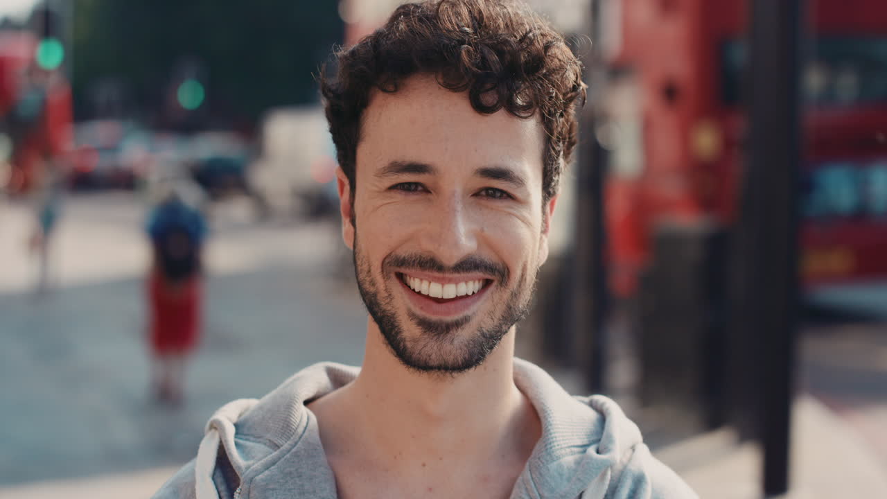 hombre sonriente en un entorno urbano