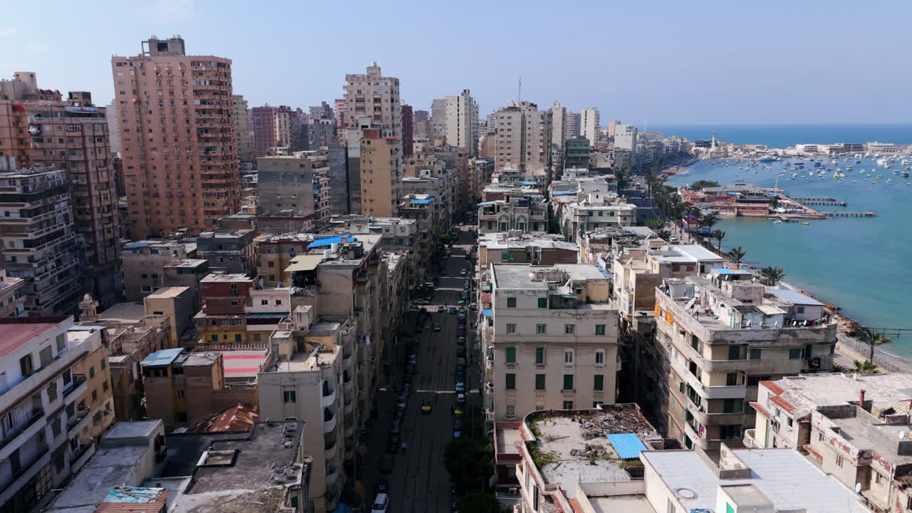 Alexandria rooftops and mosques seen from drone